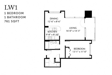 Floor plan for 1 bed, 1 bath, 761 sqft